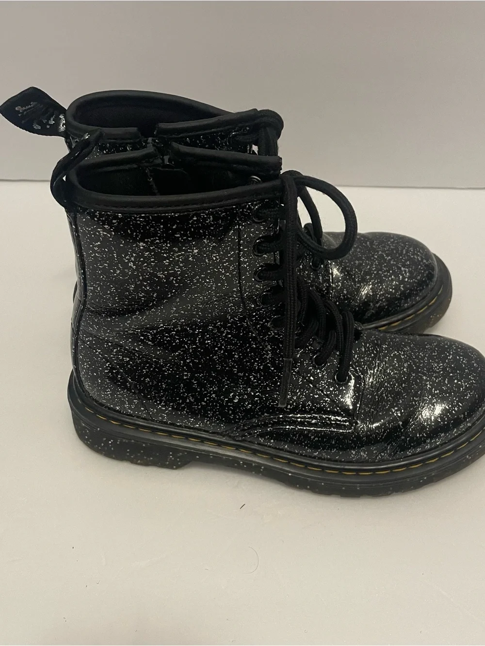 Dr. Martens 1460 Delaney Black Glitter Galaxy Lace Up Side Zip Boots Kids 2